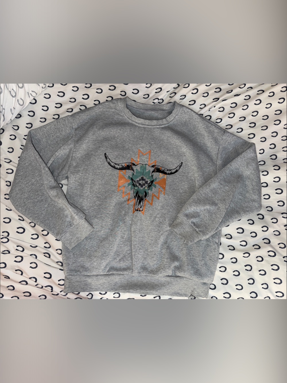 Women’s Grey Crewneck Sweatshirt with Tribal Cow Skull Graphic